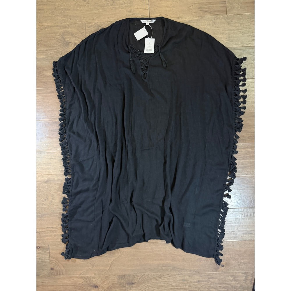 NWT Walter Baker Acapulco Kaftan Black‎ Lace Up Tassel Fringe Cover Up O/S NEW